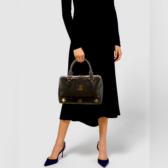 EUC- MCM Black Leather Gold Studded Boston Bag w/ unbranded xbody strap - Picture 3 of 16